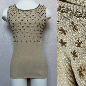Beaded Metallic Gold Lurex, Ribbed Tank Top